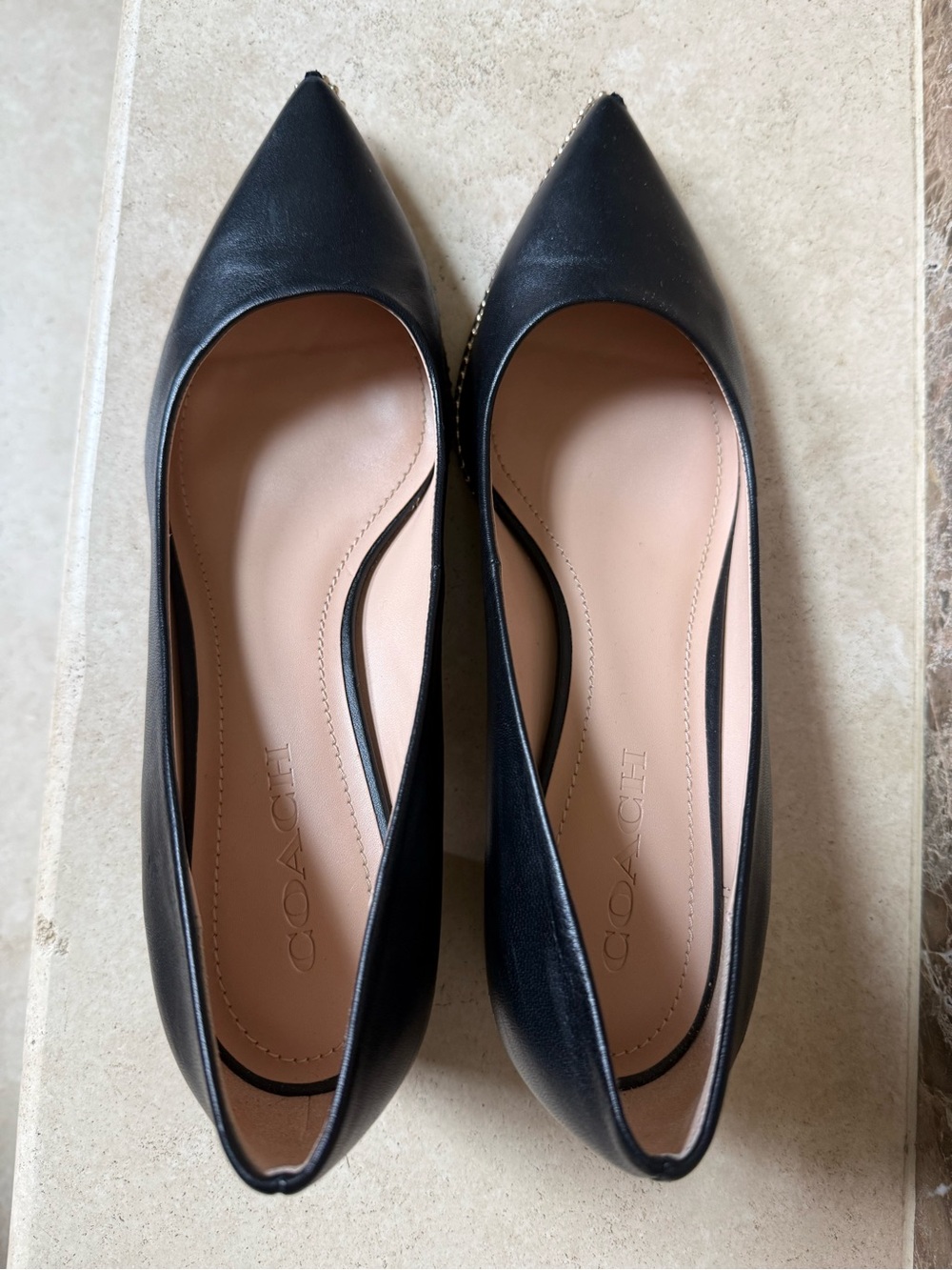 Coach Black Pointed Low Block Heel Pumps with Gold Stud Trim - Picture 4 of 16